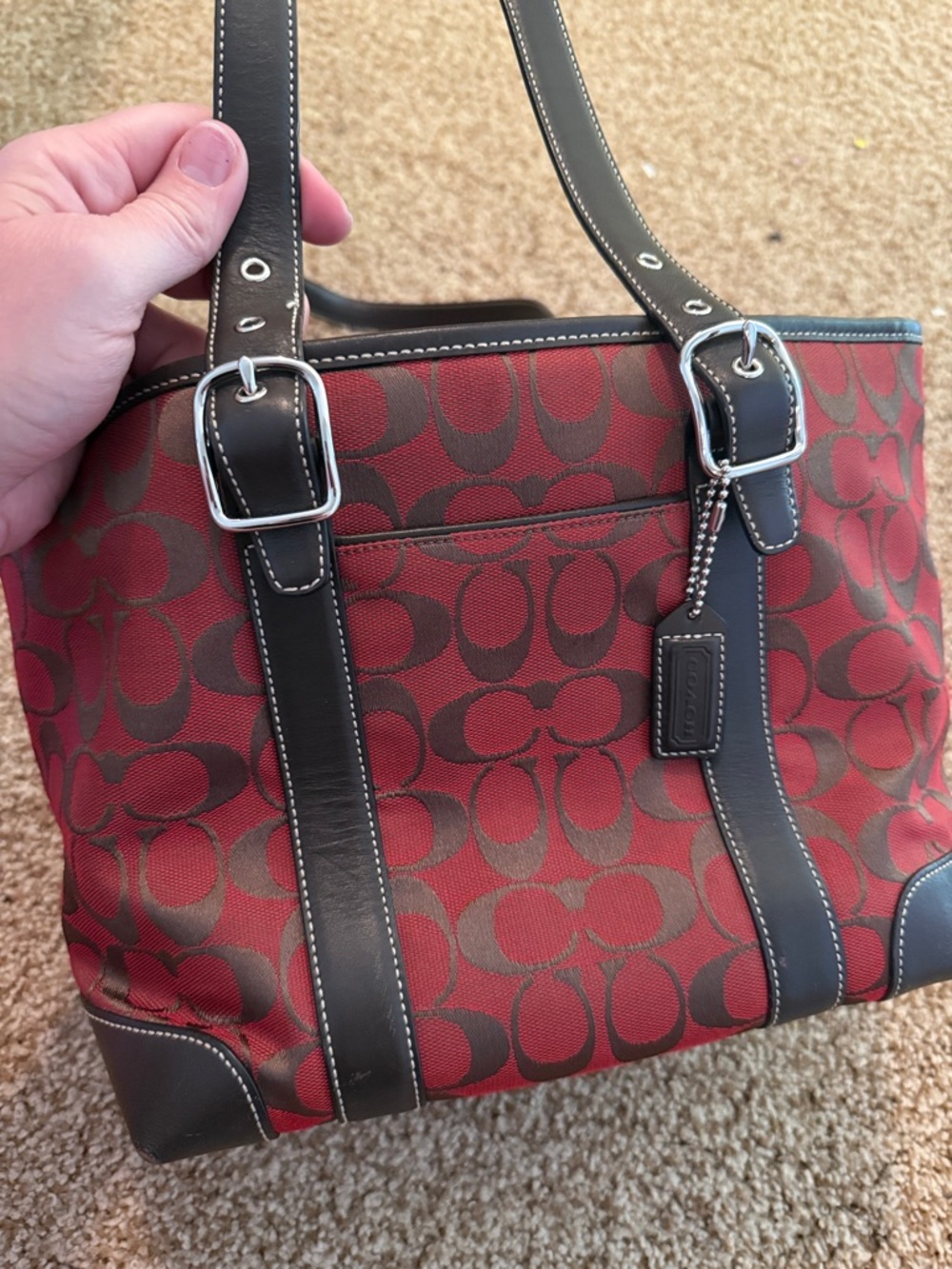 Coach Signature-Print handbag red with Dark Brown Trim - Picture 3 of 6